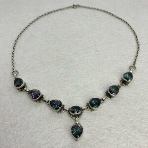 Vtg 925 Sterling Silver Mystic Topaz Teardrop Statement Necklace | 18”